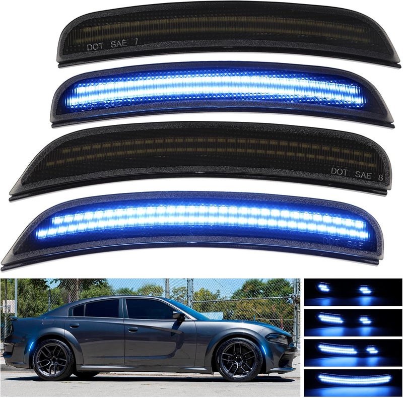 FetonAuto Dynamic Blue LED Side Marker Lights for Dodge Charger 2015 2016 2017 2018 2019 2020 2021 2022 2023 2024 Front Rear Bumper Sequential Signal Lamps, 4PCS Smoked Lens - Image 1